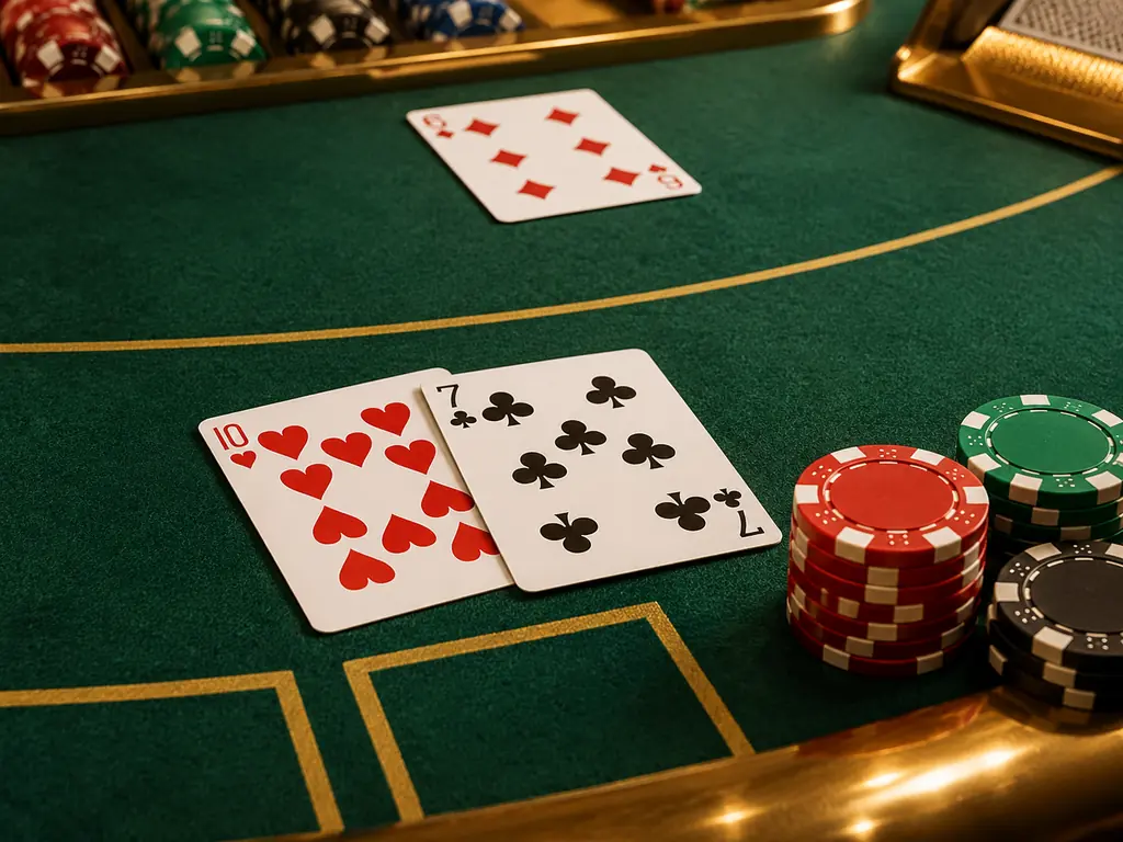 Meja blackjack dengan kartu dan tumpukan cip