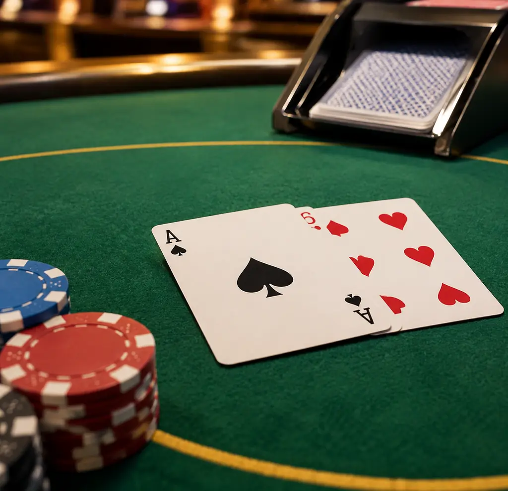 Kartu as dan enam di meja blackjack dengan cip