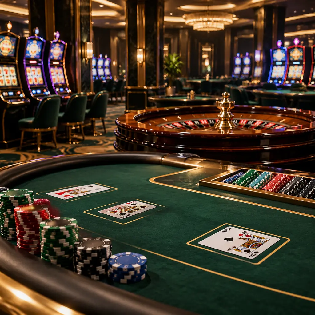 Ilustrasi ruang kasino dengan meja blackjack, roda roulette, dan mesin slot dalam warna hijau hutan