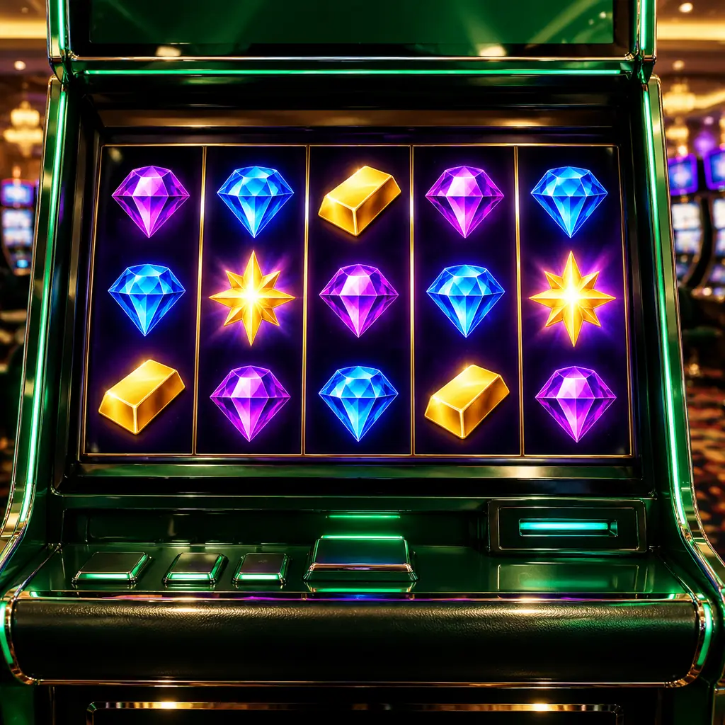 Layar mesin slot dengan permata dan simbol bintang di kasino