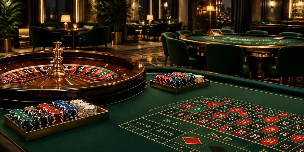 Ruang kasino hijau dengan meja roulette dan tempat duduk kosong