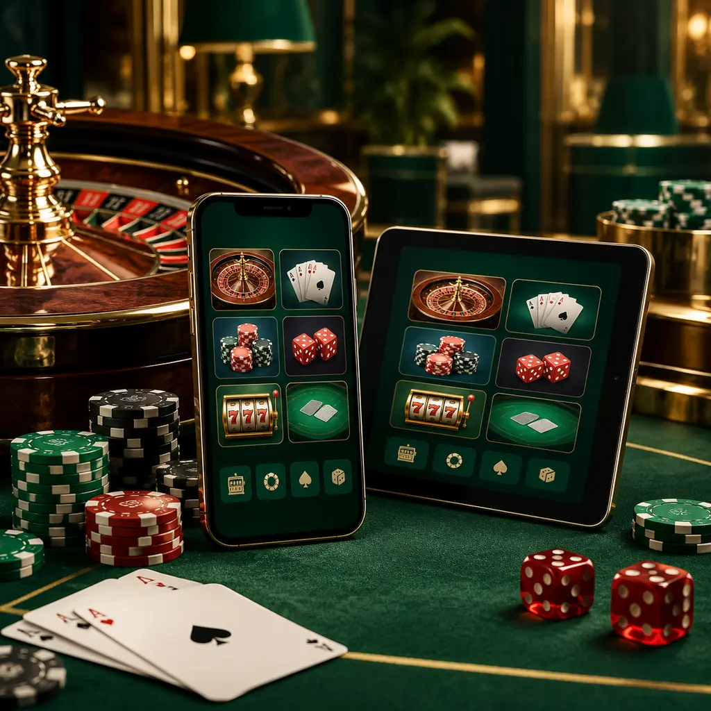 Ponsel dan tablet di samping roda roulette dan cip kasino