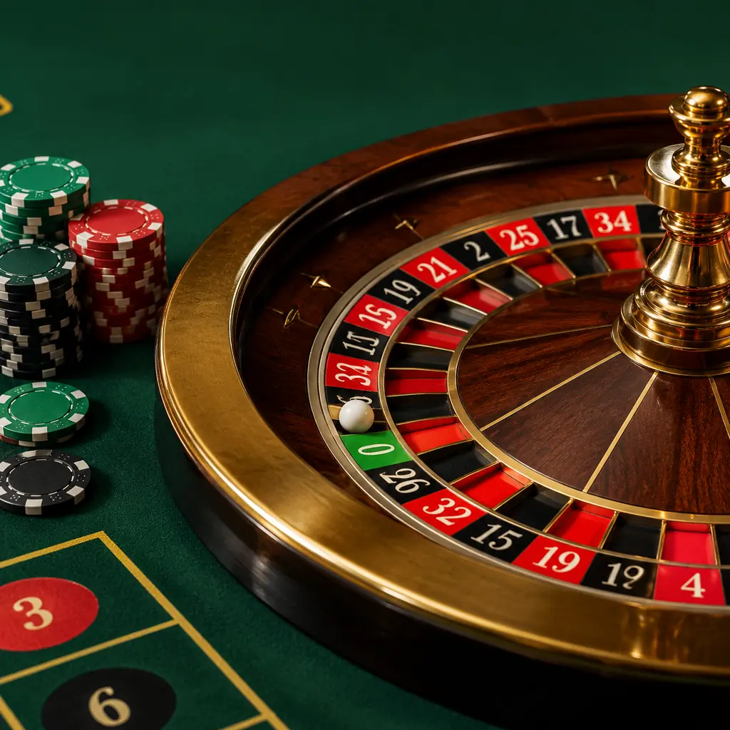 Roda roulette, bola putih, dan cip di atas meja hijau